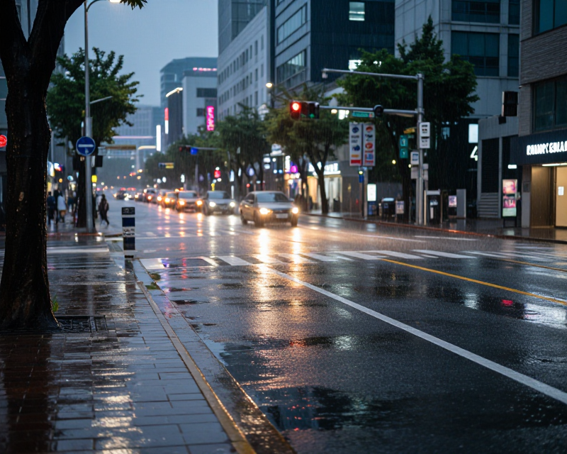 Heavy Rain in Seoul Urban Setting